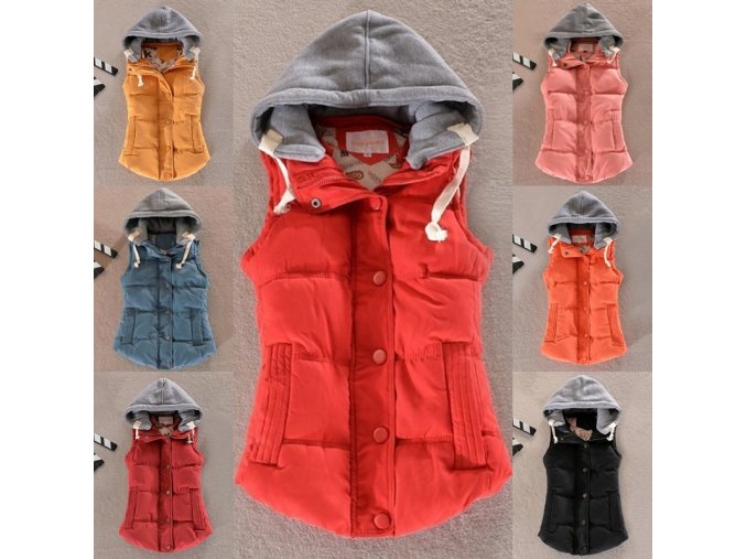 Oblečení - dámská vesta - podzimní vesta s kapucí a kapsami - dámské zimní bundy - výprodej skladu