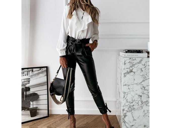 Oblečení  - kalhoty - dámské elegantní koženkové kalhoty s vysokým pasme - dámské kalhoty - výprodej skladu