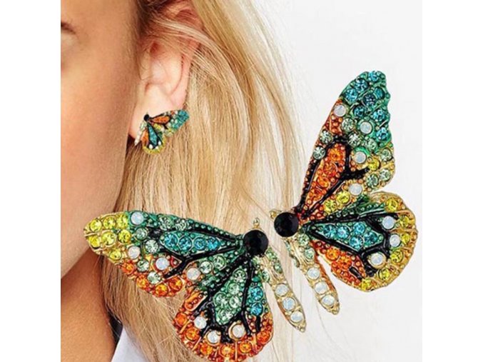 Šperky - náušnice ve tvaru motýla s barevnými kamínky - náušnice - motýli - dárek pro ženu
