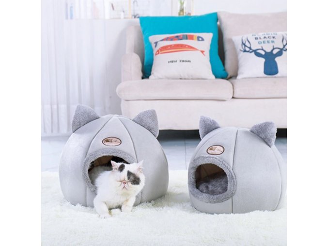 Kočka - krásný pelíšek pro kočky v šedé barvě s ušima - pelíšky - pelíšky pro kočky - chovatelské potřeby
