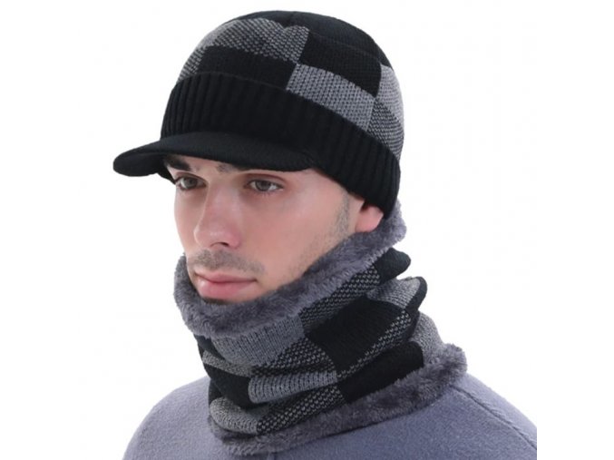 Oblečení - pánská zimní čepice s kšiltem v šachovém vzoru - čepice - zimní čepice - kšiltovky