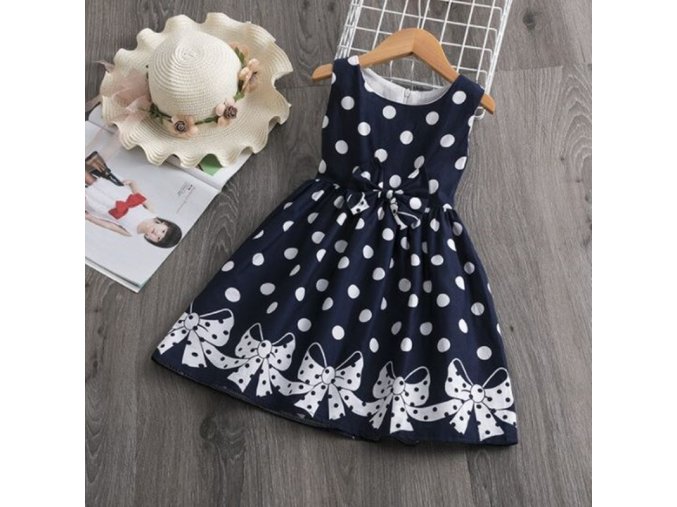 Dětské oblečení - dívčí tmavě modré puntíkované šaty s mašlemi - šaty - společenské šaty - vánoční dárek
