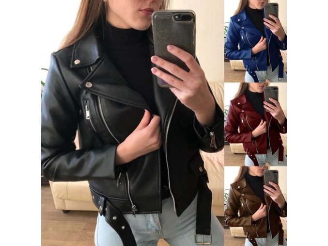 Oblečení - dámská koženková bunda křivák s páskem - výprodej skladu - nadměrná velikost - dámská koženková bunda