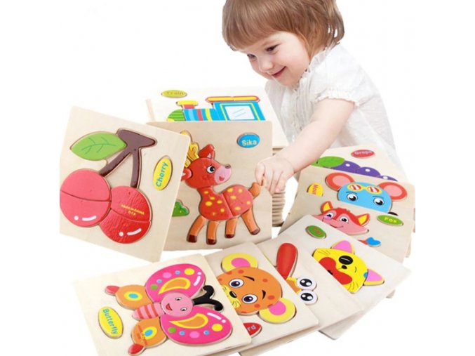 Děti - hračky - dětské dřevěné 3D puzzle s různými obrázky - puzzle - dřevěné hračky