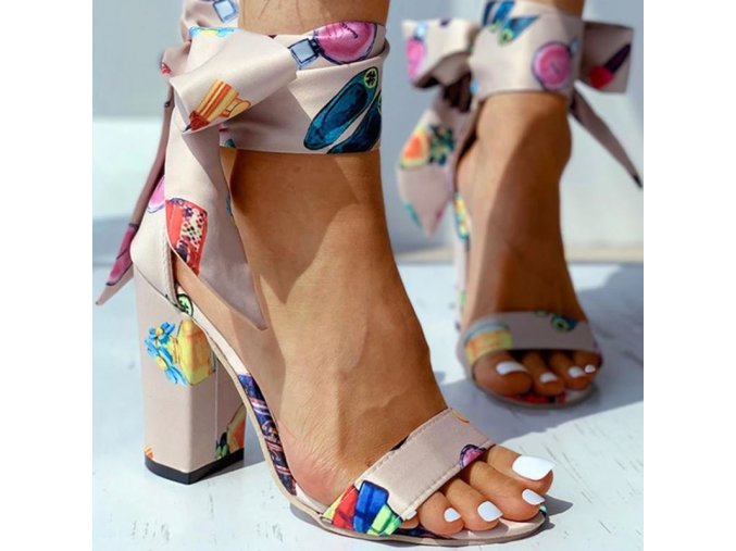 Boty - dámské boty - dámské sandály na širokém podpatku se stuhou na zavazování - dámské sandály - dárek pro ženy