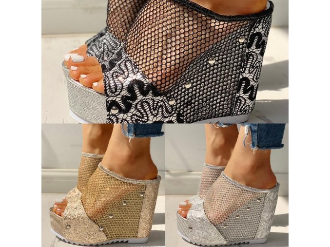 Boty - dámské boty - dámské sandále - dámské sandály na vysokém klínku s krásným zdobením - výprodej skladu