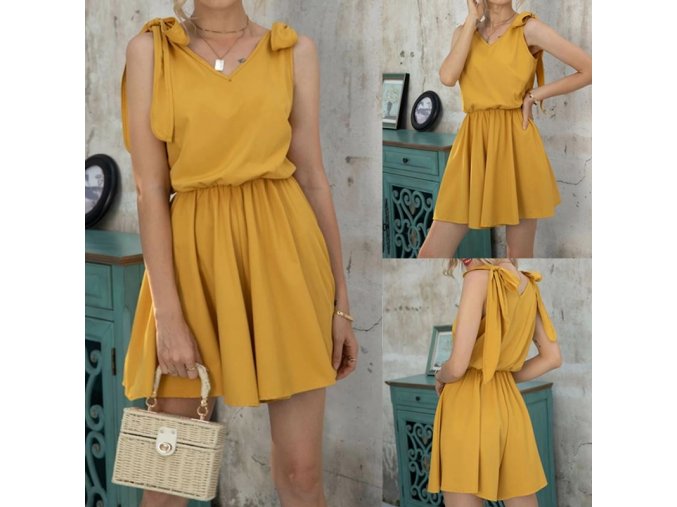 Dámské oblečení  - šaty - dámské letní žluté šaty s ramínky na zavazování - dámské šaty - letní šaty - slevy dnes