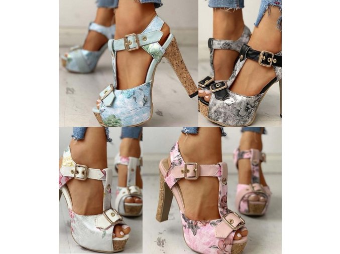 Boty - dámské boty - letní sandálky na korkovém podpatku s květinovém potiskem - dámské sandýly - výprodej skladu