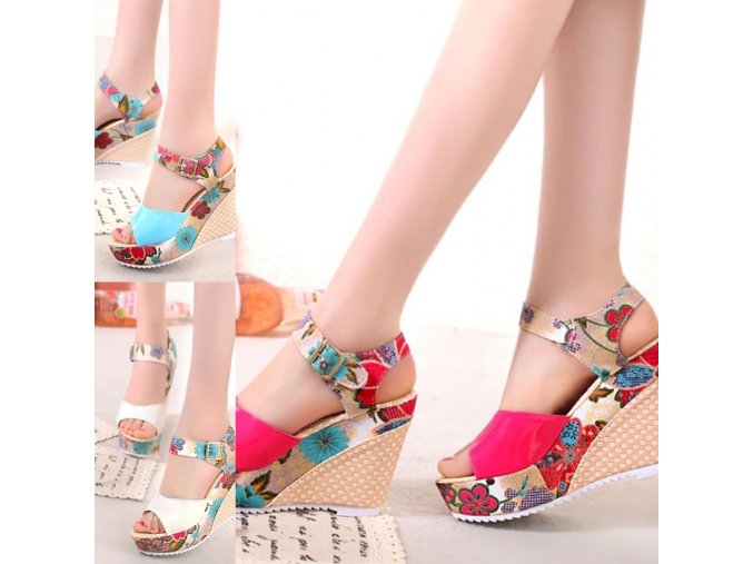 Boty - dámské boty - dámské letní boty na platformě se vzory květin - dámské sandály - dárky pro ženy