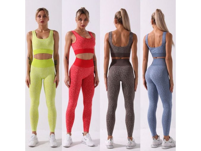 oblečení  - fitness - krásný barevný fitness set na cvičení s leopradím vzorem - dámské legíny - sportovní podprsenka