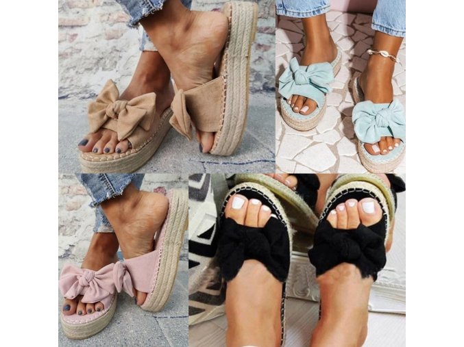 Boty - dámské boty - dámské letní pantofle na vysoké slámové platformě s mašlí - dámské pantofle - výprodej skladu