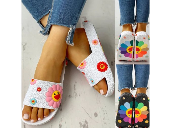 Boty - pantofle - dámské boty - dámské letní pevné pantofle s 3D obrázky květin - dámské pantofle