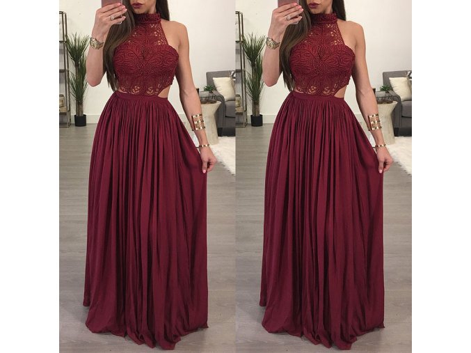 Dlouhé elegantní vínově červené večerní plesové šaty s krajkami