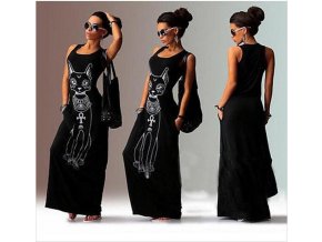 Dlouhé černé stylové šaty s motivem cat (Velikost XL)