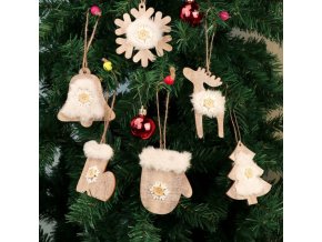 Vánoční dekorace - Set 6 ks dřevěných ozdob na stromeček