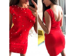 Luxusní červené letní šaty s perličkami AKCE (Velikost XXL)
