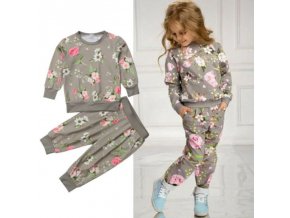 Dětské oblečení - oblečení pro děti - šedivá tepláková soupravu s potiskem květin pro holčičku - tepláky - mikina