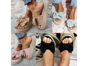 Boty - dámské boty - dámské letní pantofle na vysoké slámové platformě s mašlí - dámské pantofle - výprodej skladu