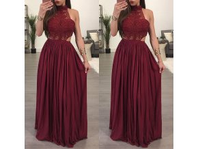 Dlouhé elegantní vínově červené večerní plesové šaty s krajkami