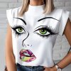 Dámské oblečení - dámská trička - trička s potiskem - dámské halenky - tričko s potiskem obličeje a barevných rtů - obličej