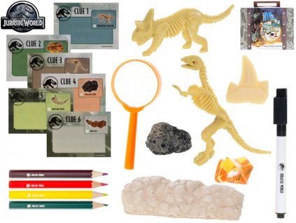 Jurský svět kufřík průzkumníka s lupou, psacími potřebami a fosilií v krabičce