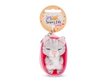 NICI klíčenka Spící kočička 8cm šedá pruhovaná, košík světle růžový