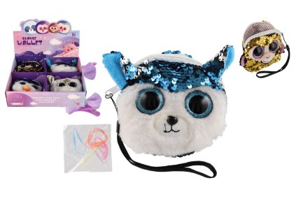 Peněženka dívčí zvířátko látková s flitry 10x10cm s doplňky do vlasů