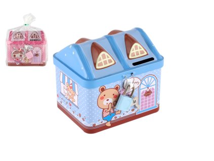 Pokladnička domeček plechová se zámkem 12x11cm 2 barvy v sáčku