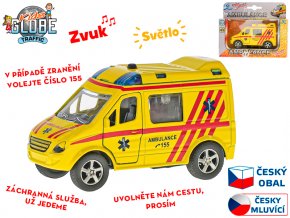Kids Globe Traffic ambulance CZ 11cm kov zpětný chod na baterie česky mluvící se světlem v krabičce