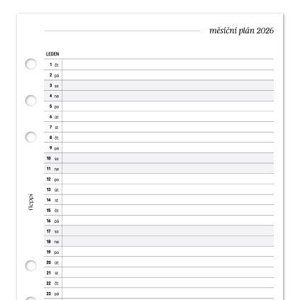 Náplň do diáře - Měsíční plán 2026 - 1 měsíc na 1 stranu