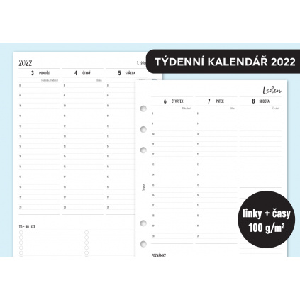 Náplň do diáře - Kalendář 2022, týden/2 stranu, vertikální linky + časy (Velikost náplně Personal)