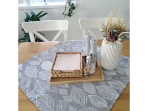 Ubrus na stůl středový šedý s potiskem listu, 60x60cm, napron