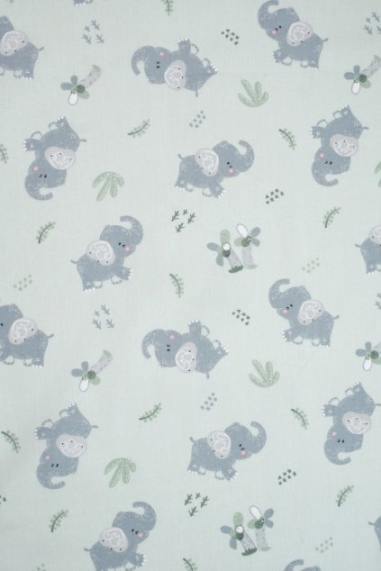 BAVLNĚNÝ POPELÍN, PASTELOVĚ ZELENÝ SE VZOREM SLONÍKŮ