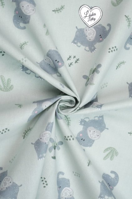 BAVLNĚNÝ POPELÍN, PASTELOVĚ ZELENÝ SE VZOREM SLONÍKŮ