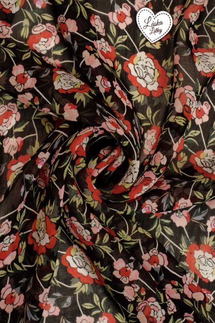 ŠIFON, ČERNÝ SE VZOREM KVĚTIN