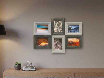 Modulární fotorámeček Flexible Frame – sestava 6 kusů, kombinace světle a tmavě šedé barvy.