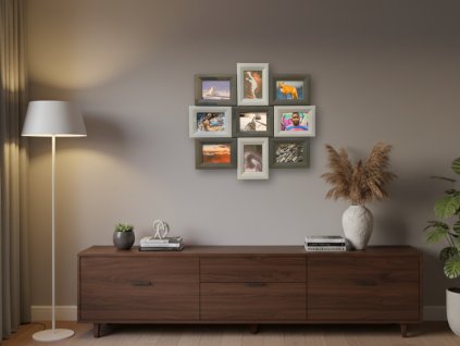 Modulární fotorámeček Flexible Frame – sestava 9 kusů, světle a tmavě šedá kombinace.