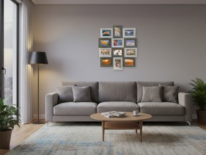 Modulární fotorámeček Flexible Frame – sestava 12 kusů, kombinace světle a tmavě šedé barvy.