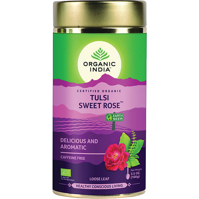 Organic India Organski čaj India Tulsi Sweet Rose za smirenje, stres, opuštanje 100 g, bez kofeina