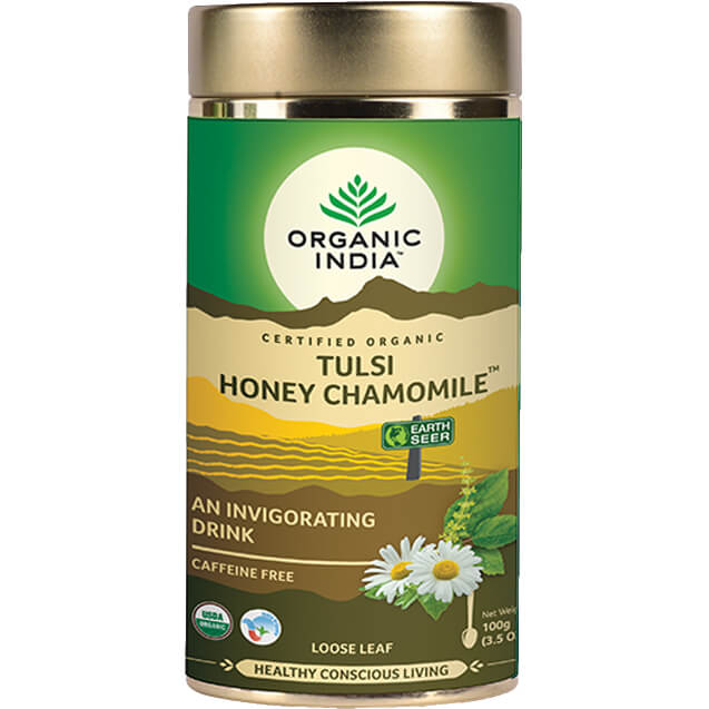 Organic India Tulsi Honey Chamomile Bazalka, med a harmanček sypaný čaj obranyschopnosť, vitalita 100 g