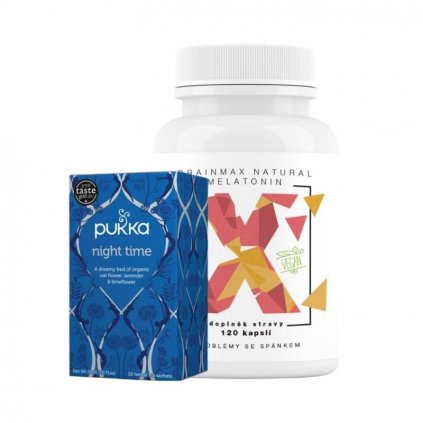 BALÍČEK DOBRÝ SPÁNOK BrainMax Natural Melatonin 120 kapsúl a ajurvédsky čaj Pukka Herbs Nightime