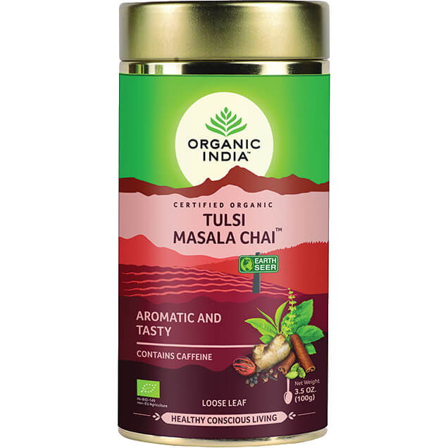 Organic India Bio India Tulsi Masala Chai relaxációs tea energia, vitalitás, emésztést elősegítő koffeinnel 100 g
