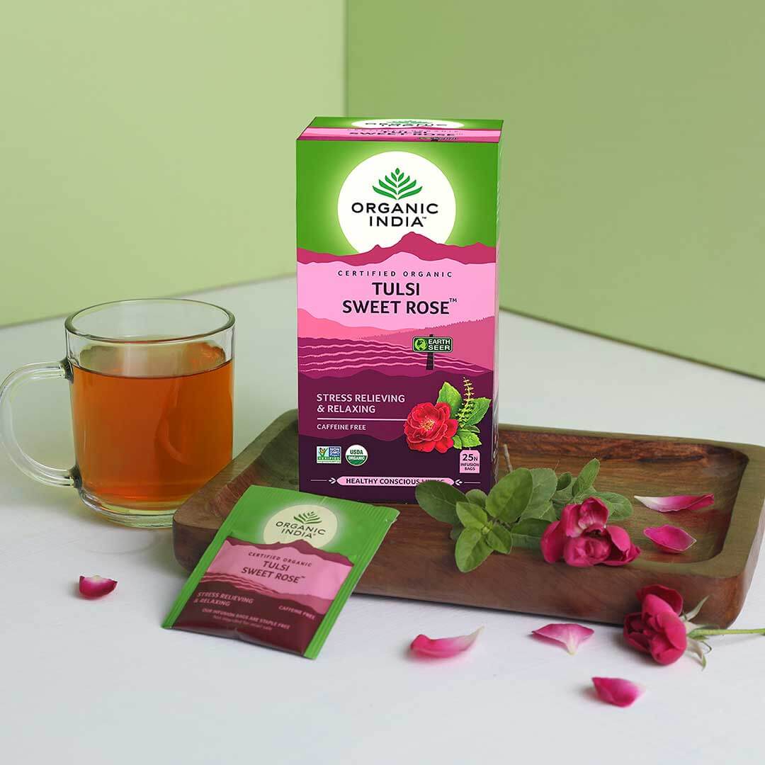 Organic India Bio India Tulsi Sweet Rose adagolt tea nyugtató, stressz, relaxáció 25 tasak (25 x 1,6 g)