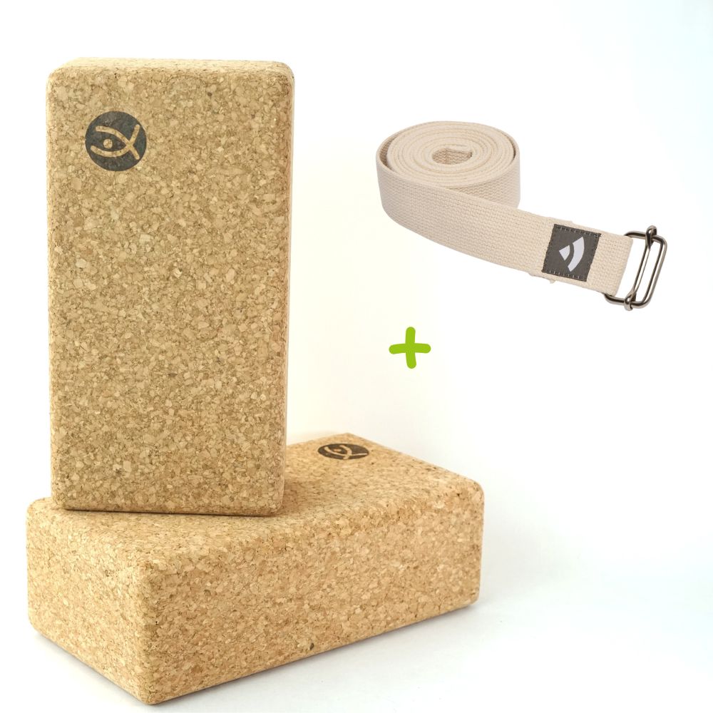 Set de 2 blocuri de yoga ergonomice din plută Flexity cu curea Bodhi Asana – 22 x 11,5 x 7,5 cm