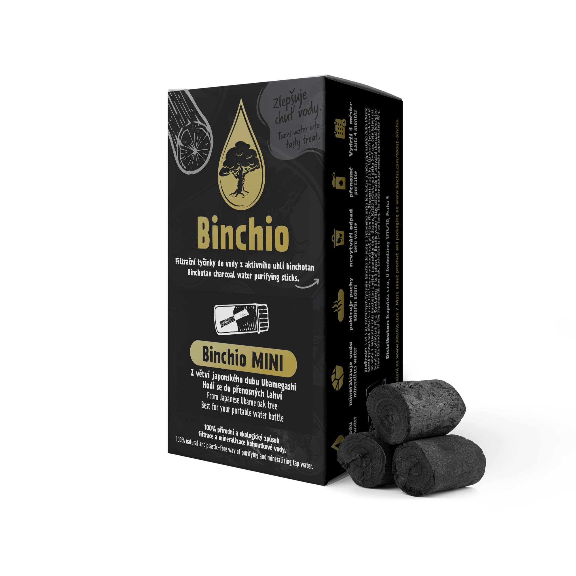 Binchio aktívne uhlie Binchotan Start 100% prírodná filtrácia a mineralizácia vody Typ: Binchio Mini