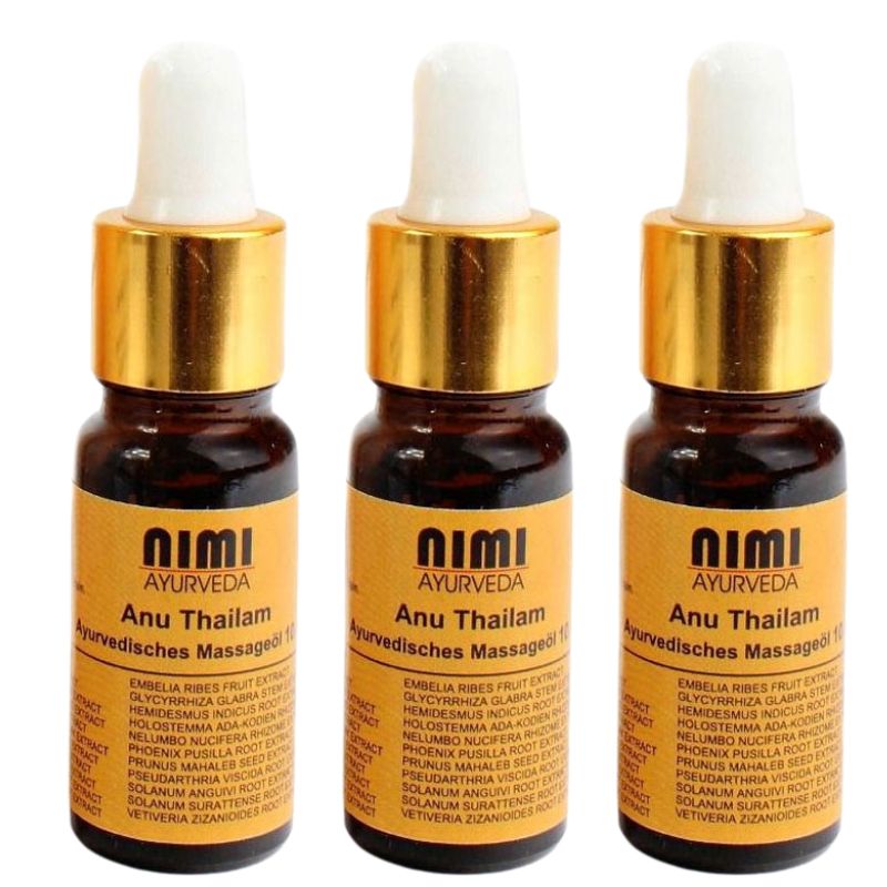 Nimi Ayurveda Anu Thailam ajurvédský nosní olej pro očistné techniky nosu sada 3 x 10 ml.