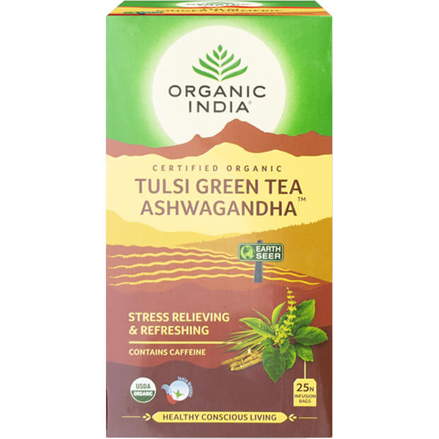 Organic India Organic Indie Tulsi Green Tea Ashwagandha porcovaný čaj s ašvagandou energie, vitalita 25 sáčků (25 x 2 g)