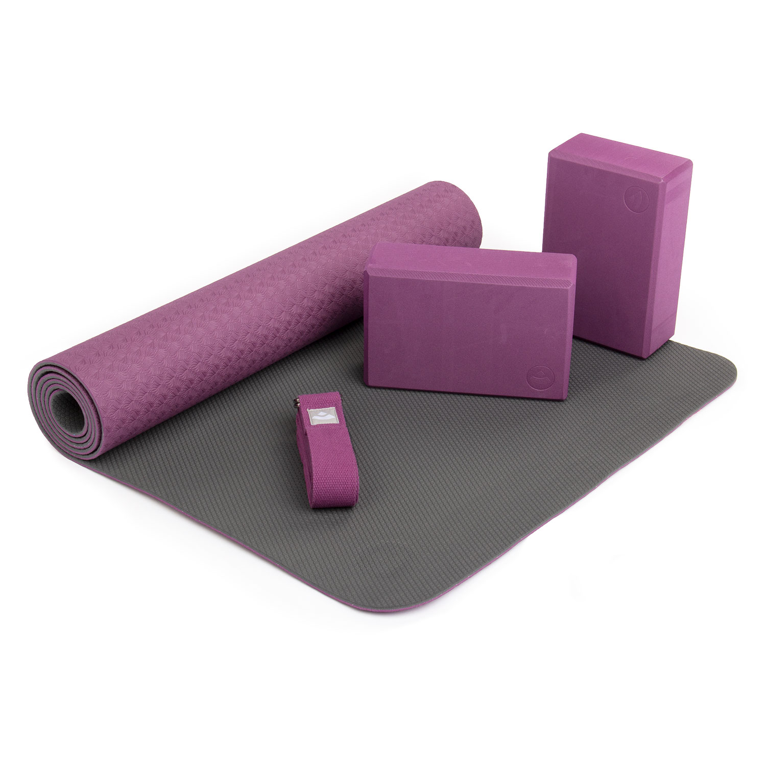 Bodhi Yoga Bodhi jóga set pro začátečníky fialový - podložka 183 cm x 60 cm x 5 mm, popruh na cvičení, 2 bloky