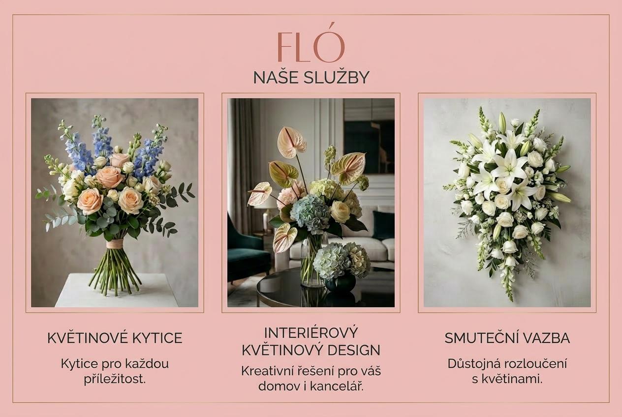 Květinový banner FLÓ STUDIO s jemnou pastelovou paletou. Koláž ručně vázaných kytic, květinových boxů a košů z čerstvých sezónních květin v růžových, krémových a zelených tónech. Uprostřed elegantní logo FLÓ STUDIO a slogan „Květiny, které plynou s emocí“