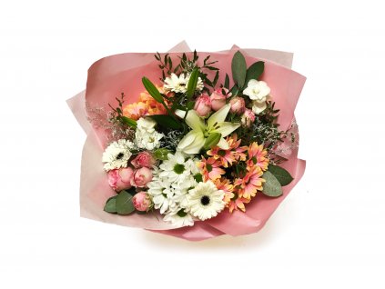 Kytice Ilona - chrysantéma, minirůže, frézie, lilie, eucalypt